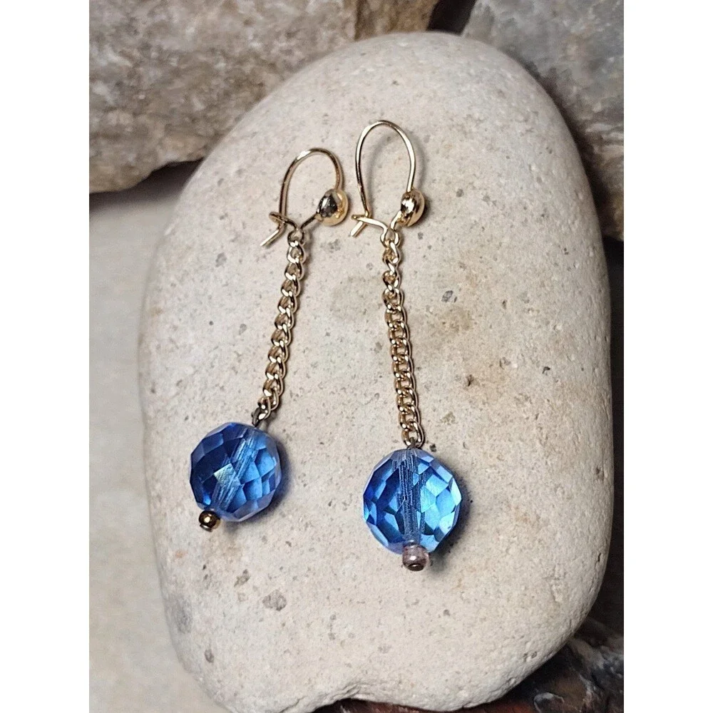 Blue Crystal Bead Gold Plated Chain Drop Dangle Earrings